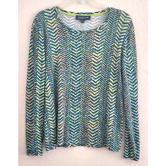 TOP/BLOUSE-JONES NEW YORK-Multi Color Chevron Pattern-Long Sleeve-Cotton-P-L - Picture 1 of 11
